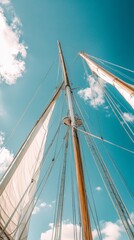 Obraz premium Sailing ship's tall masts and sails against blue sky and clouds