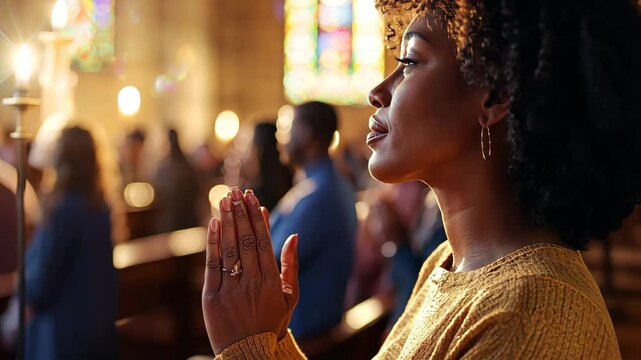 Serene Church Interior with Diverse Group in Prayer Unity