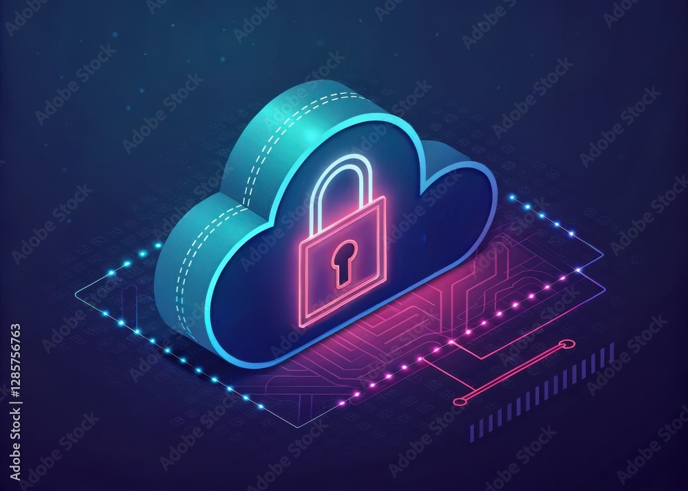 Poster a digital cloud with a locked padlock symbolizes secure data storage and cybersecurity in a modern t
