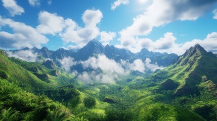 Towering mountains rise against a vibrant blue sky, with clouds racing over the peaks. Lush greenery carpets the slopes, creating a breathtaking panorama.