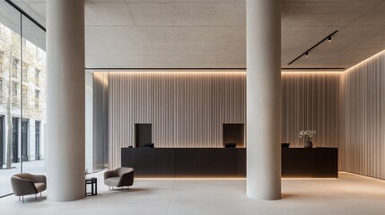 Modern Lobby Interior, Concrete Columns, Reception Desk, City View