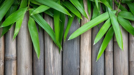 A close up of a bamboo fence with green leaves