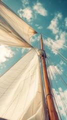 Fototapeta premium Sailboat mast against blue sky with billowing white sails and fluffy clouds