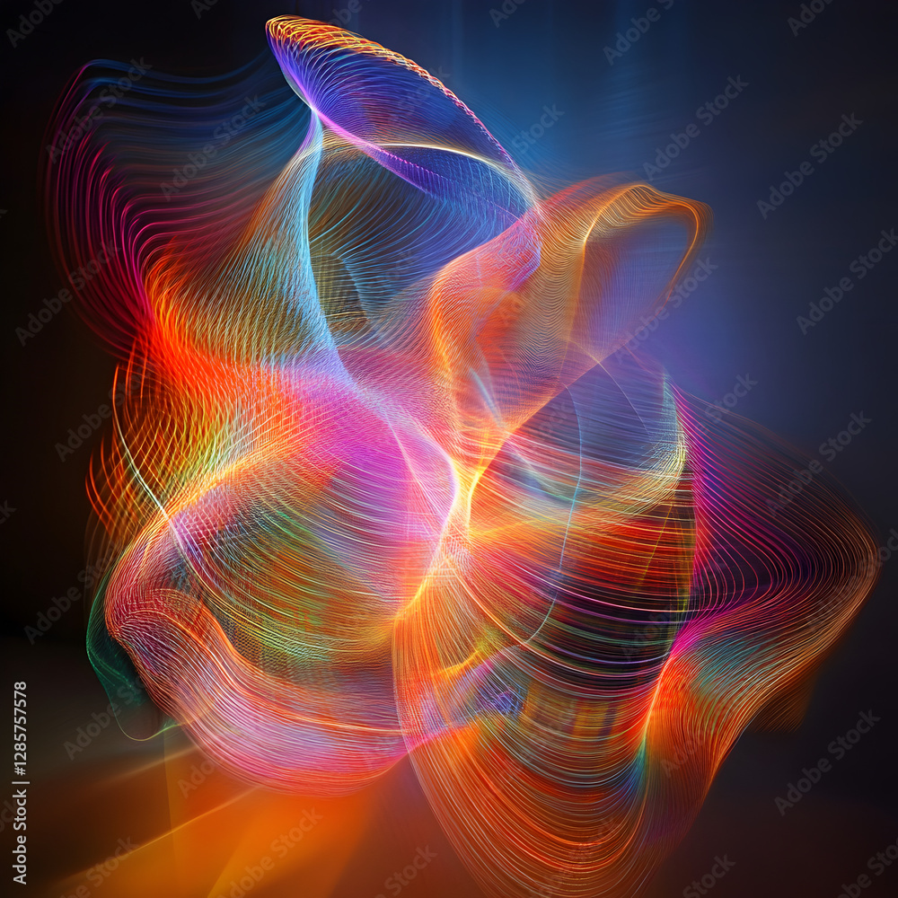 Poster abstract lightwave dance: vibrant, multicolored lightwaves intertwine and swirl in an abstract compo