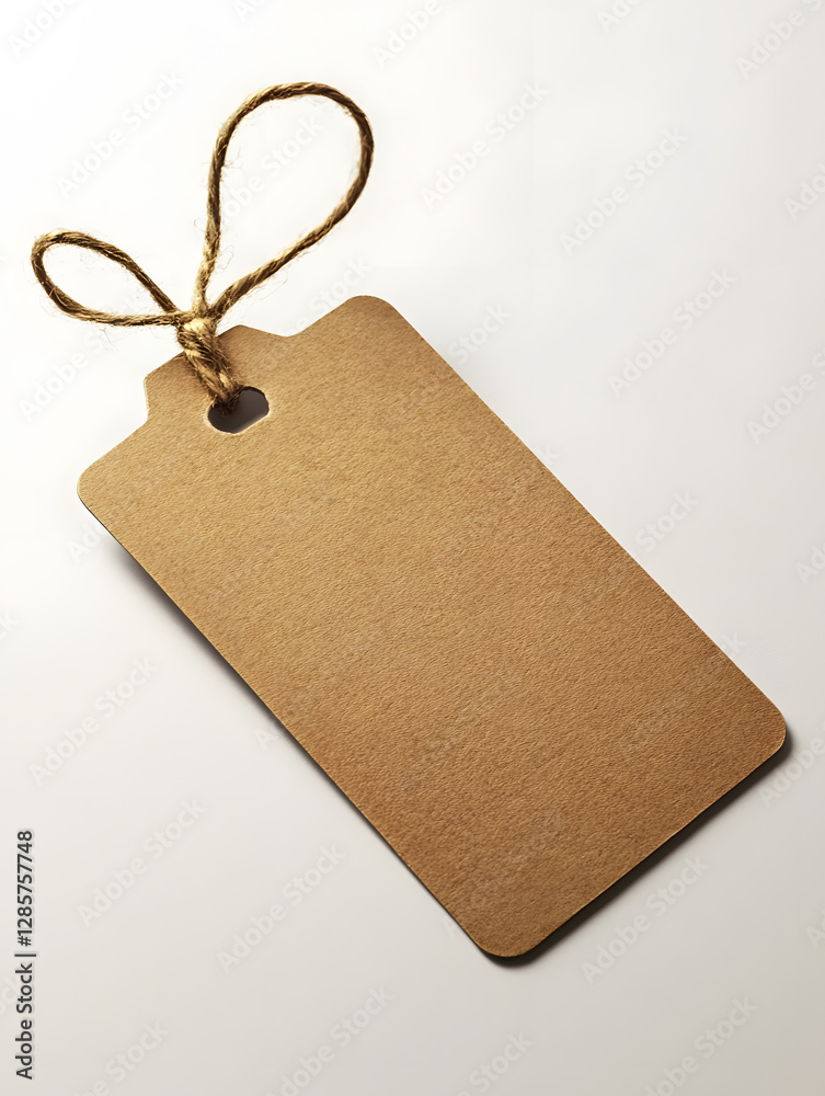 Poster simple brown kraft paper tag with twine on light background : generative ai