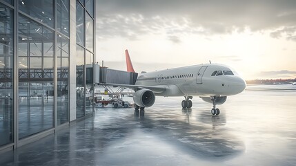 A commercial jet aircraft parked at the airport terminal with a boarding bridge attached showcasing a busy airport scene with the sky clouds