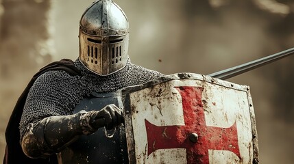 Medieval knight in full armor holding shield with red cross and lance charging into battle