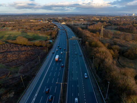 Aerial image of M60 Manchester outer ring road near Swinton. England, UK. 
