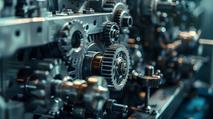 Close-up view of intricate mechanical gears in a factory setting, showcasing precision engineering