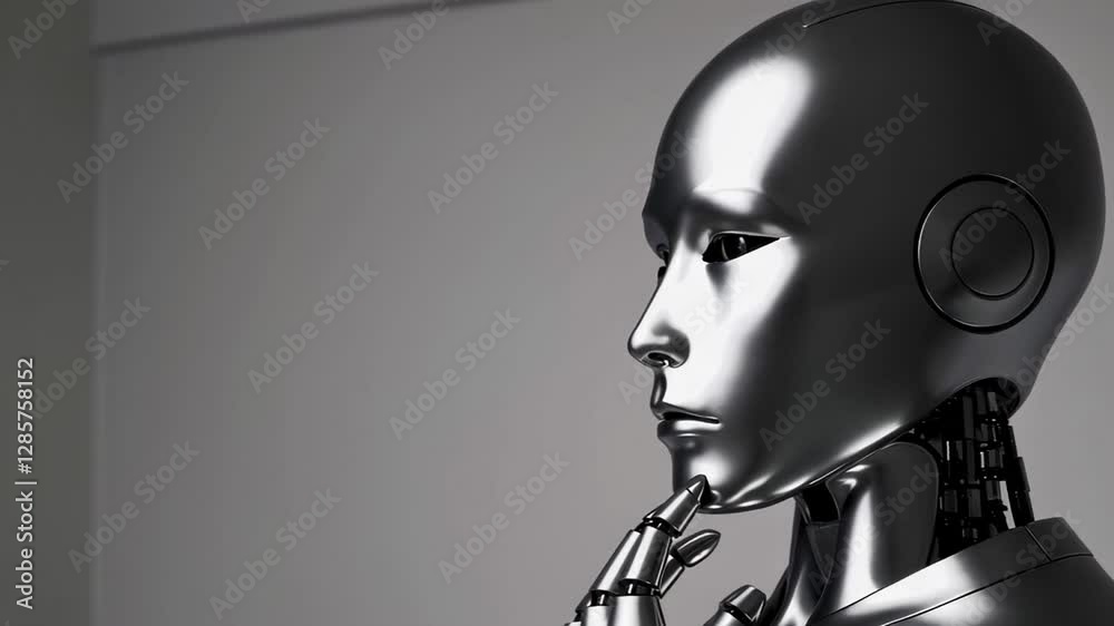 Aufkleber Silver robotic android thoughtfully resting metallic fingers against chin, contemplating technological concept with pensive expression on pristine white background during slow motion sequence