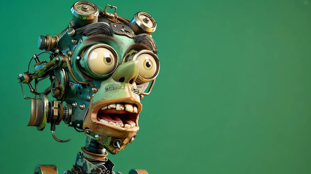 Zombie steampunk robot head made of mechanical parts, looking to the right
