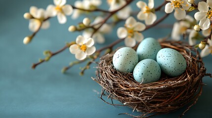 Fototapeta premium Pastel Eggs Nest Spring Blossoms