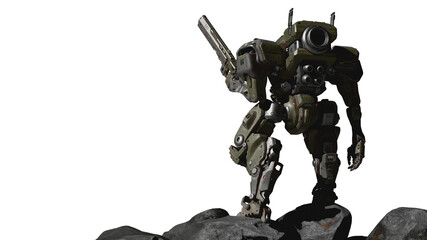 Rear view heavy sci-fi mech soldier guards a mining operation, holds a powerful weapon in one hand that can destroy any enemy at long distance. Battle for mineral resources. 3d render white background