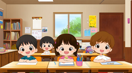 Cartoon-style classroom with young students engaged in an educational discussion UHD 4K Image