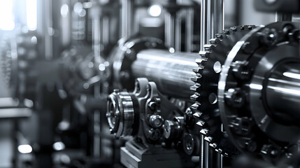 Fototapeta premium Close-up view of industrial machinery showcasing gears and shafts in a factory setting