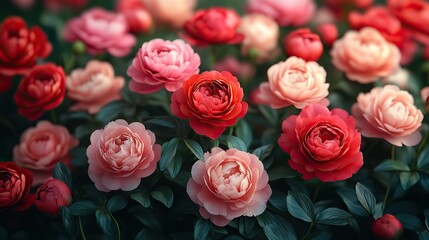 Vibrant red and pink peonies with lush green leaves and delicate petals