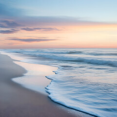 Fototapeta premium Serene Seascape: The tranquil beach embraces the beauty of nature, where gentle waves caress the shoreline. The pastel-colored sunset paints the sky with soft hues.