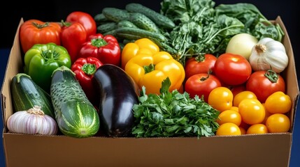Box of vegetables including tomatoes, cucumbers, and peppers. The box is full of fresh produce