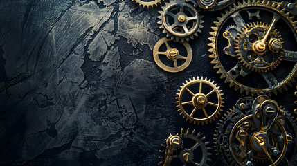 Naklejka premium Intricate arrangement of vintage gears on a textured dark background, showcasing mechanical beauty