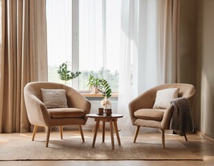 Cozy living room interior with armchairs and couch, decoration near window