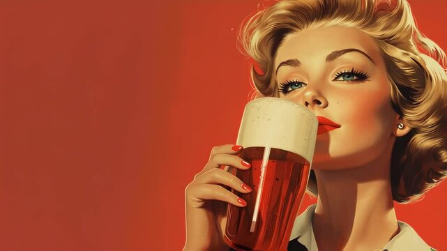 ビールを飲むレトロタッチな女性のアニメーション