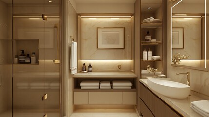 Luxurious modern bathroom interior with gold accents
