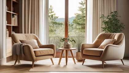 Cozy living room interior with armchairs and couch, decoration near window
