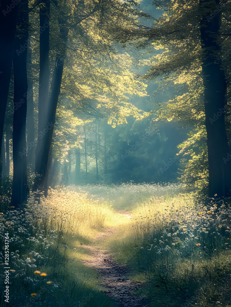 Aufkleber Serene Forest Path with Sunlight Filtering Through Lush Green Canopy : Generative AI