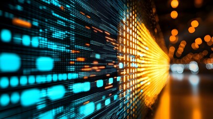 Futuristic visualization of an AI driven financial compliance system showcasing real time regulatory monitoring with a vibrant digital energy filled matrix of data and information