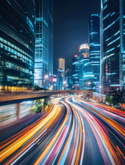 Obraz premium Vibrant Night Cityscape with Motion Blur Light Trails and Skyscraper Skyline : Generative AI