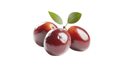 Obraz premium Fresh red plums with green leaves placed on a white background showcasing their natural shine and color