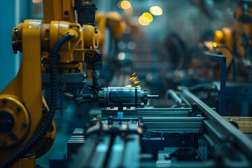Industrial robots assembling components in a high-tech factory with blurred machinery in background
