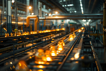 Obraz premium Industrial production line with glowing bottles in a factory setting, showcasing manufacturing process