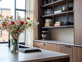 Fototapeta premium A vase of flowers sits on a counter in front of a kitchen island