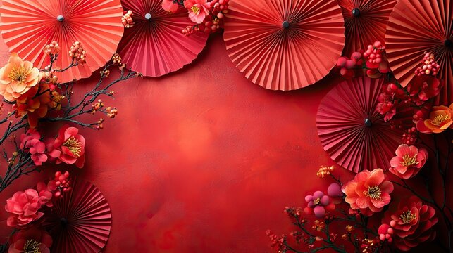 Vibrant vertical red paper fans on textured red symbolize celebration Chinese New Year. Warmth, abundance, joy!