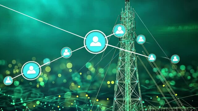A low-poly wireframe digital telecommunication tower with antennas