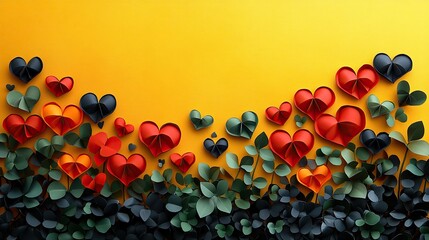 Vibrant yellow backdrop with multicolored paper hearts red, green, black. Juneteenth theme, space for text!