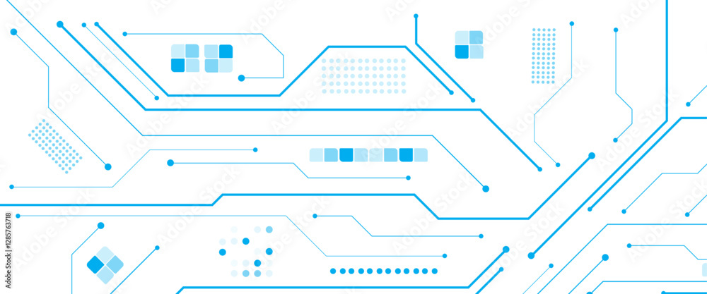 Poster Vector technology lines circuit and dots on blue background, circuit board network connection.