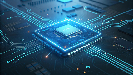 Close-up view of a microchip labeled 'AI Chip' on a circuit board, connected to various electronic components and pathways