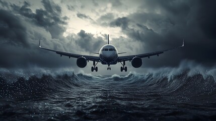 Midnight airplane flight soaring over a bioluminescent tropical ocean near an island with surreal glowing waves in a dramatic 3D scene
