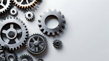Close-up view of various metallic gears arranged on a smooth surface, showcasing intricate details