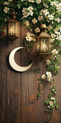 Stylized Eid al-Adha Frame Featuring Crescent Moon, Lanterns, Jasmine Flowers, and Rustic Wood Textures