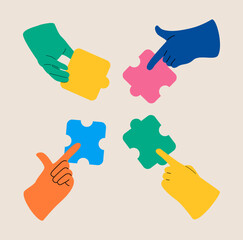 The metaphor of partnership, problem solving, brainstorm. Hands pointing and moving puzzle pieces. Colorful vector illustration
