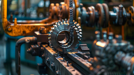 Fototapeta premium Close-up of a precision metal component in a busy industrial workshop with machinery in action