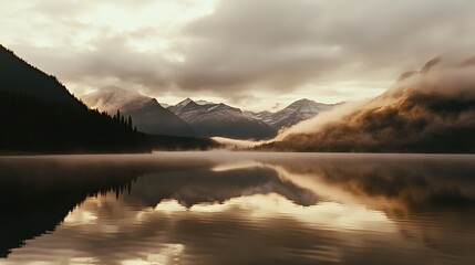 Obraz premium Serene mountain lake at dawn with mist and reflections in calm water