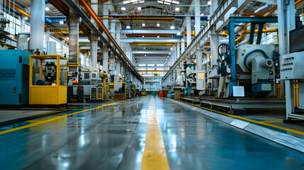 A spacious industrial factory floor showcasing machinery and equipment in operation