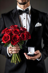 man in suit with red roses and engagement ring