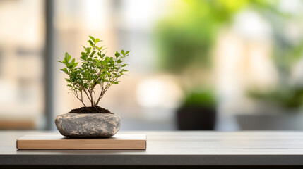 Minimalist Bonsai Tree in Stylish Stone Planter for Indoor Decor : Generative AI