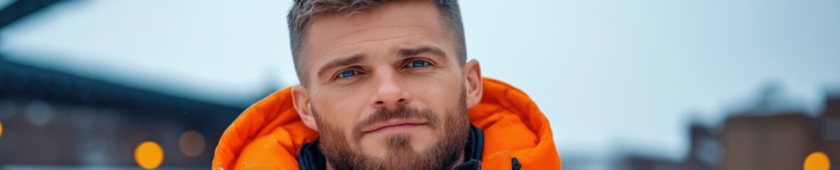 Portrait of a man with short hair wearing an orange jacket on a chilly day with a blurred urban background