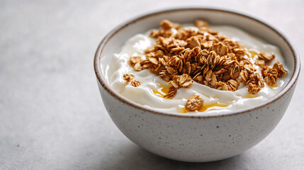 A close-up of Greek yogurt with granola and honey showcasing healthy breakfast options.